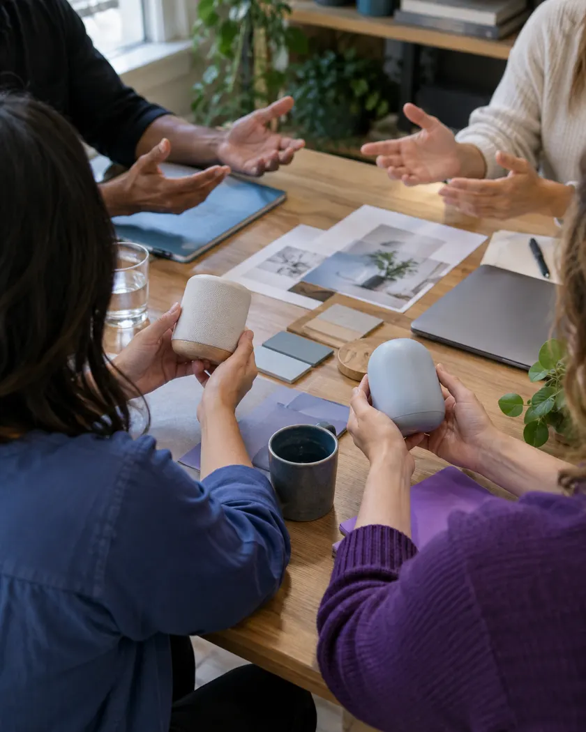 Adults from different teams listening to an explanation around a table.