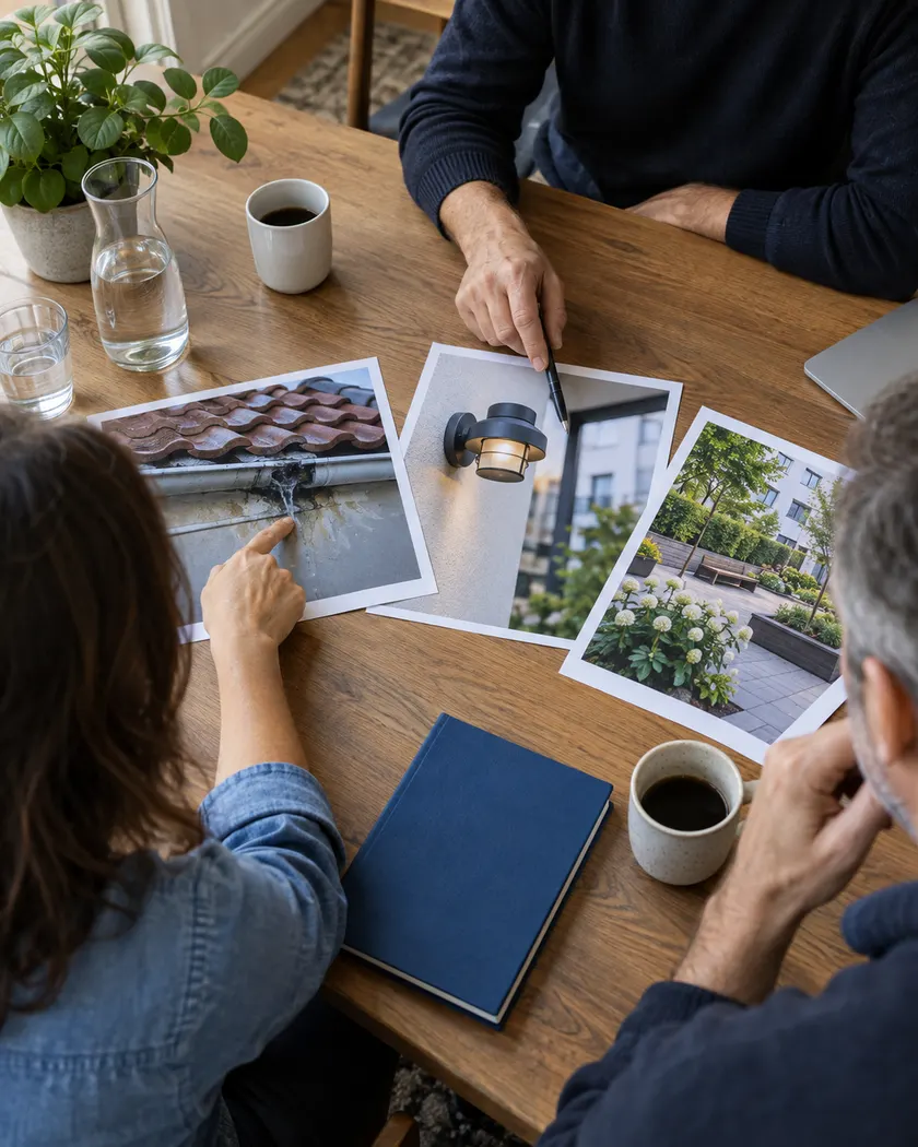 Adults comparing materials for a shared-space improvement.