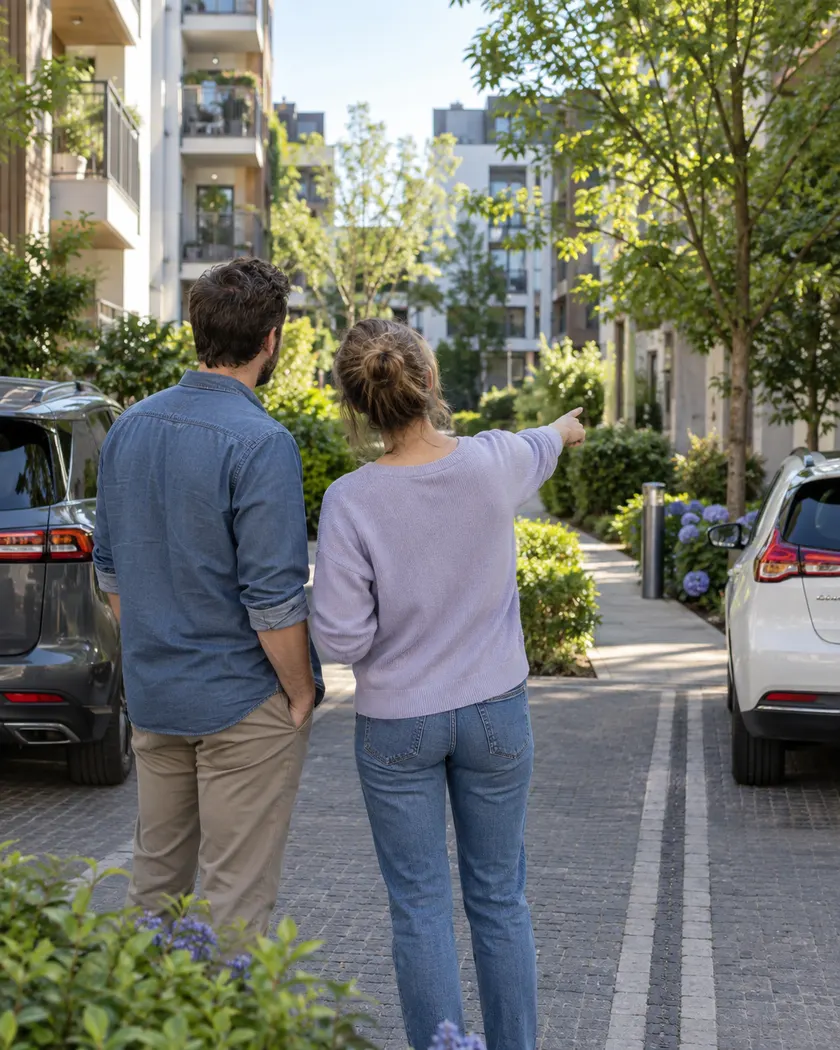 Three adult neighbors discussing an empty parking space.