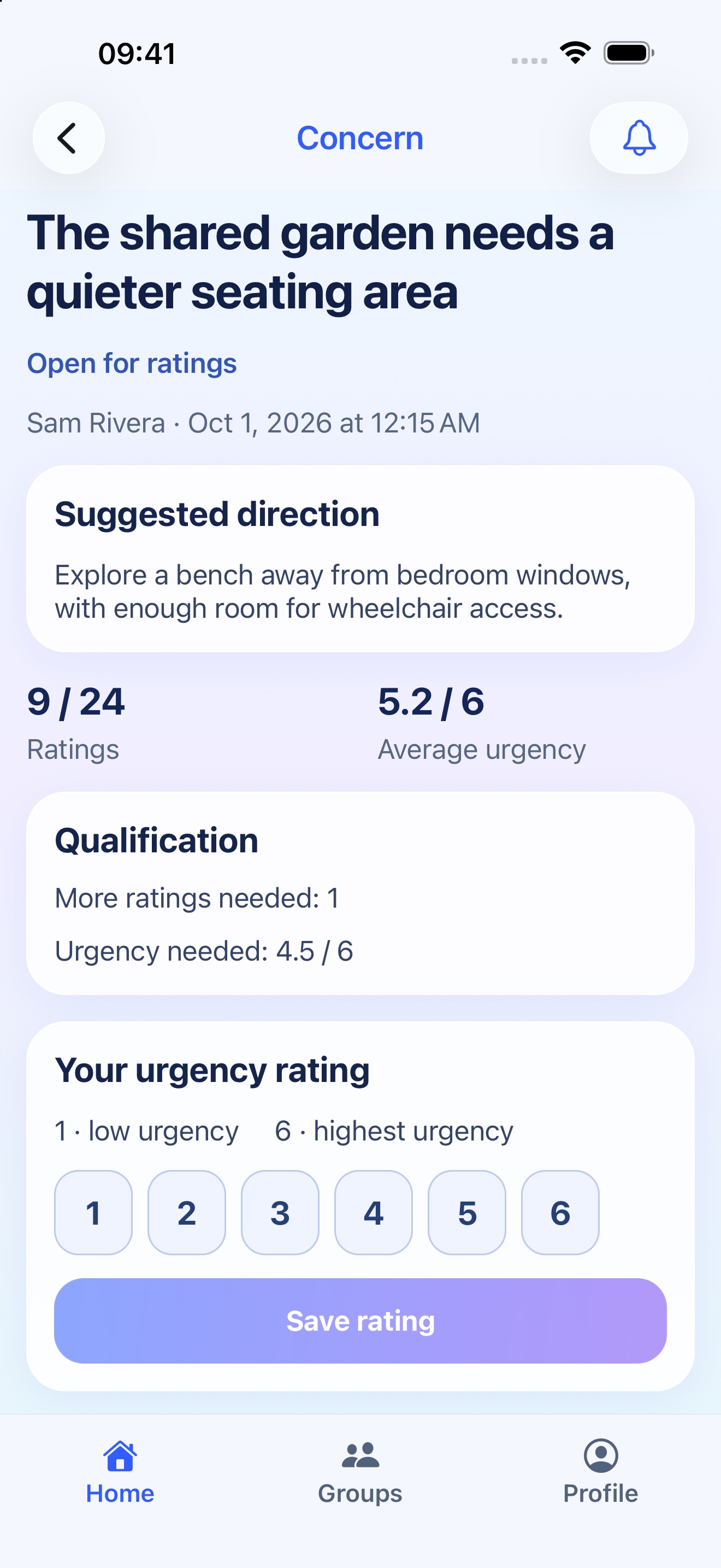 Actual Deferendum iOS screen: Rate a concern, with fictional HOA data