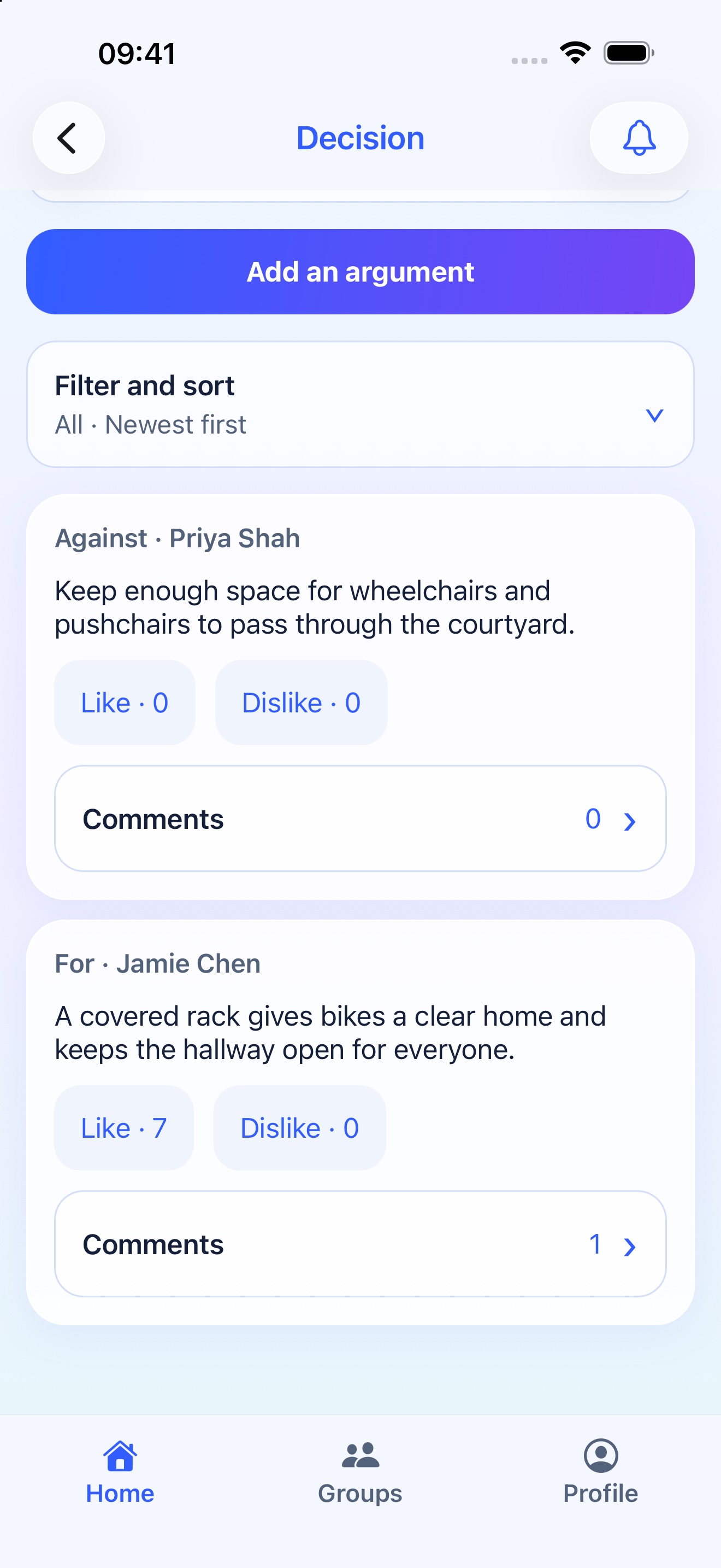 Actual Deferendum iOS screen: Compare arguments, with fictional HOA data
