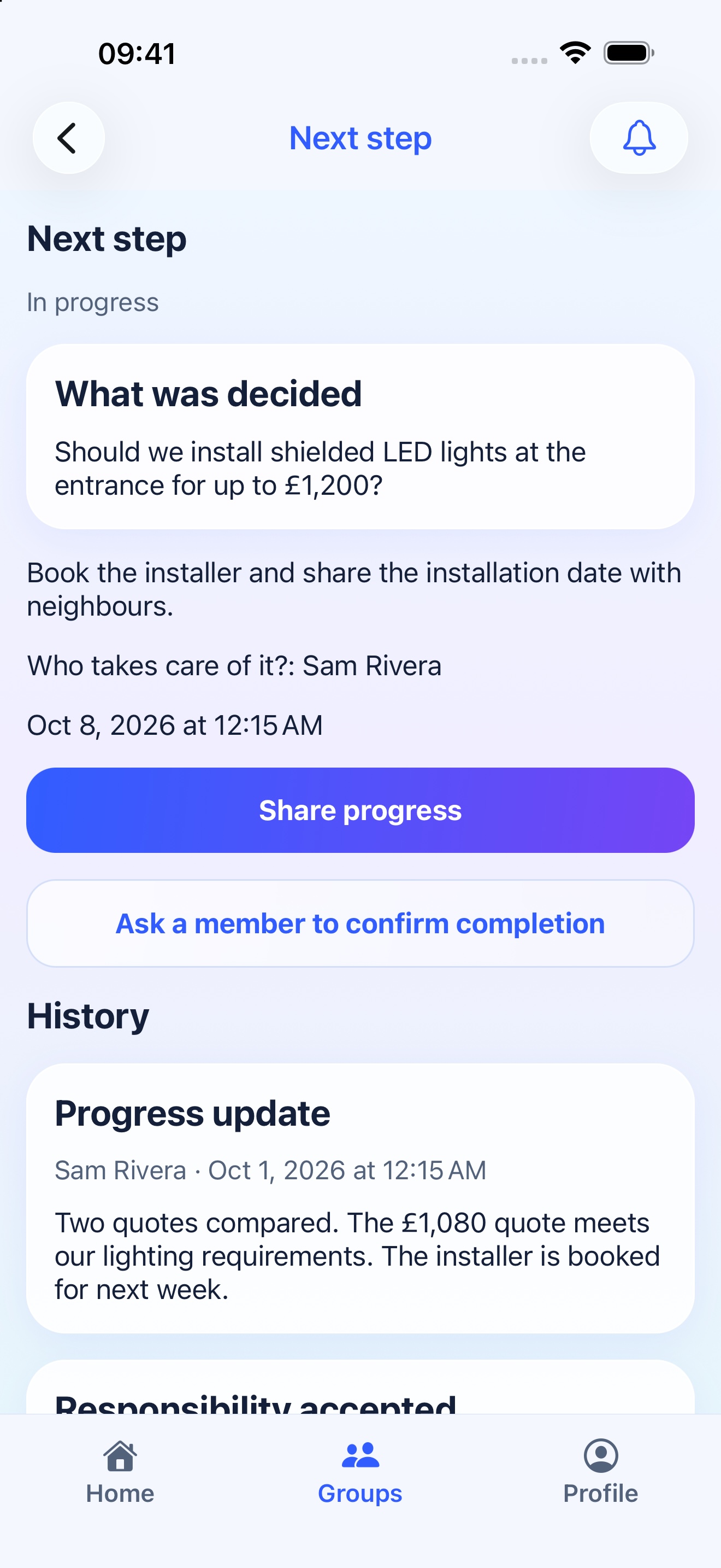 Actual Deferendum iOS screen: Follow the next step, with fictional HOA data