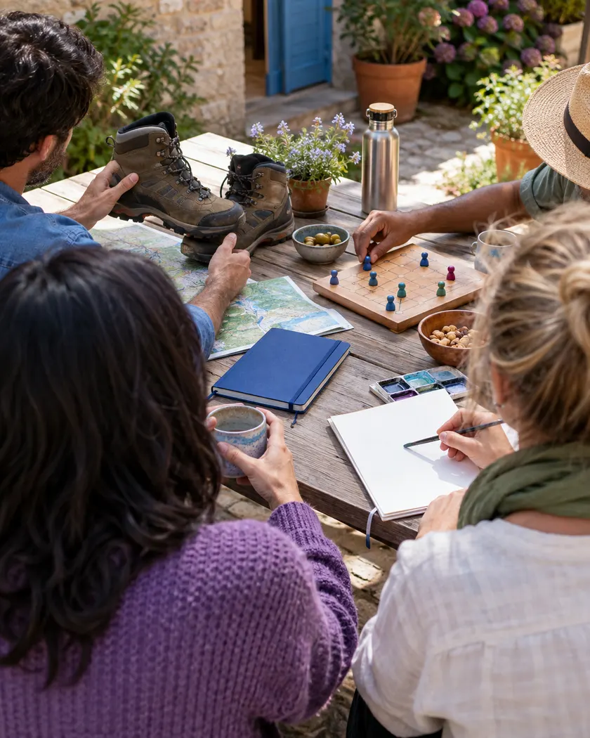 Adult group members comparing materials for activities.
