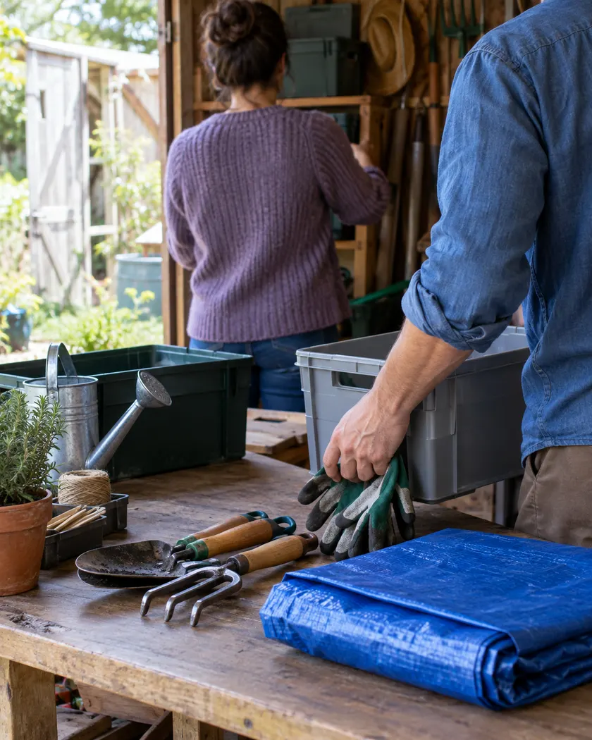 Adults discussing the use of materials in a shared workshop.