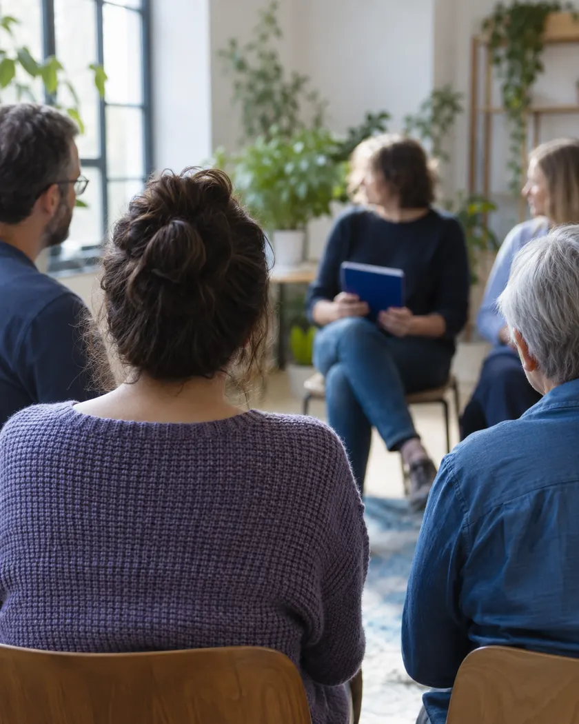 Adult members listening to an internal discussion in an unbranded room.
