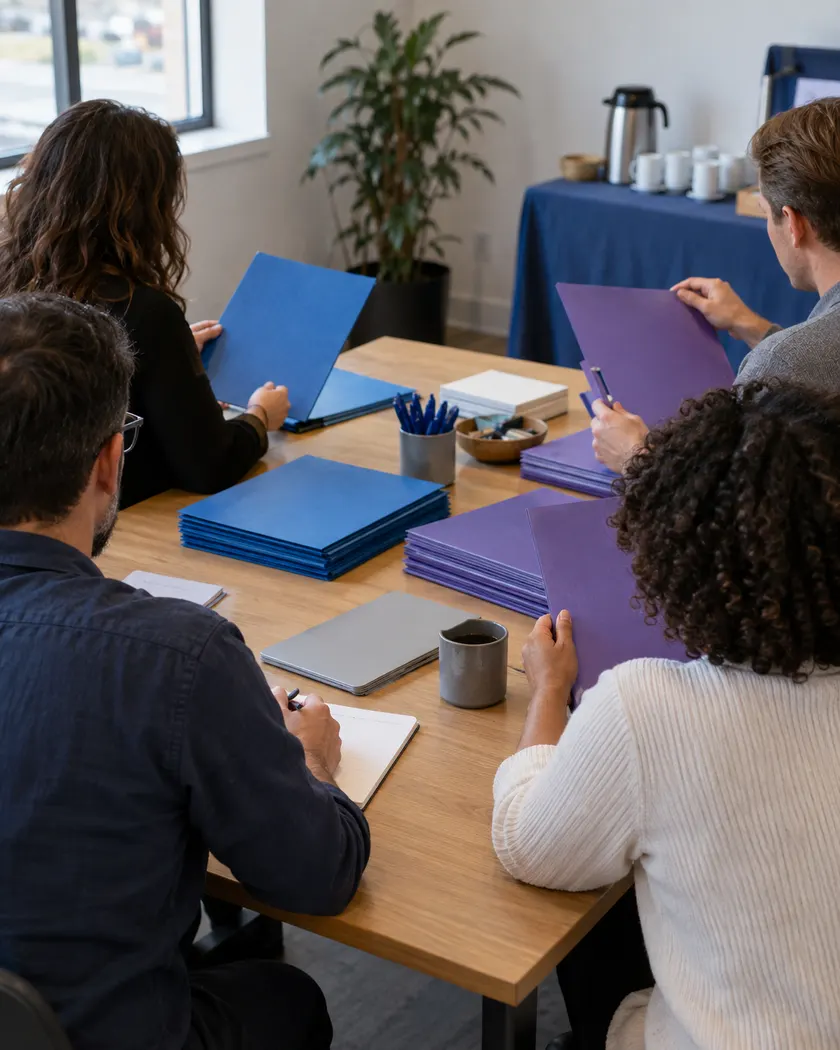Adults discussing internal organization around a simple table.