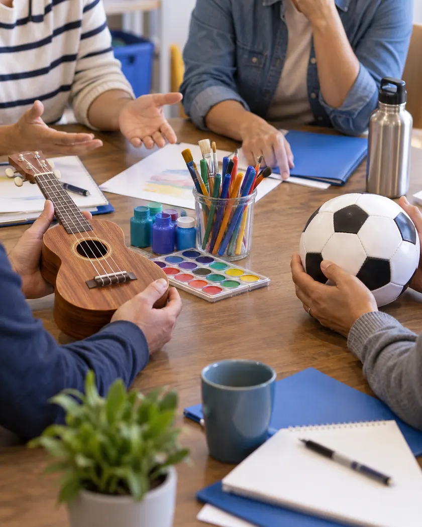 Adult parents and teachers comparing activity materials.
