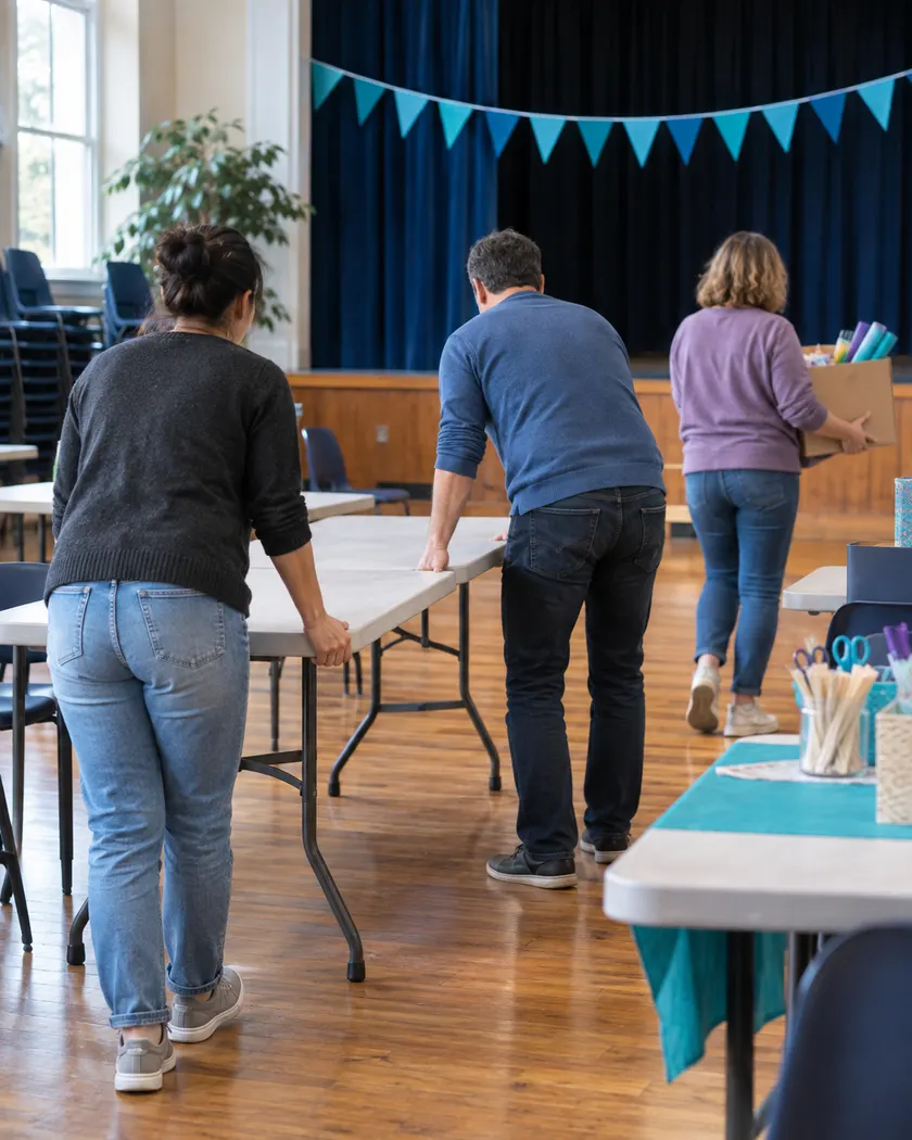 Adult volunteers preparing an event in an empty hall.