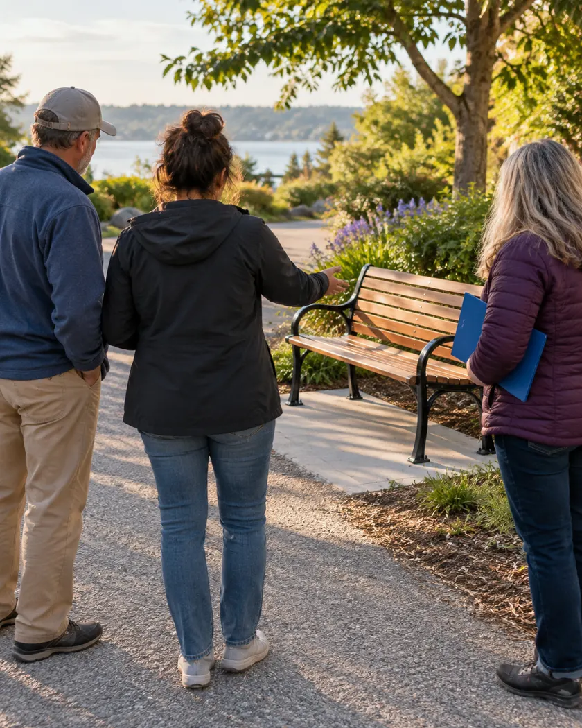 Adults discussing the next step after a community consultation.