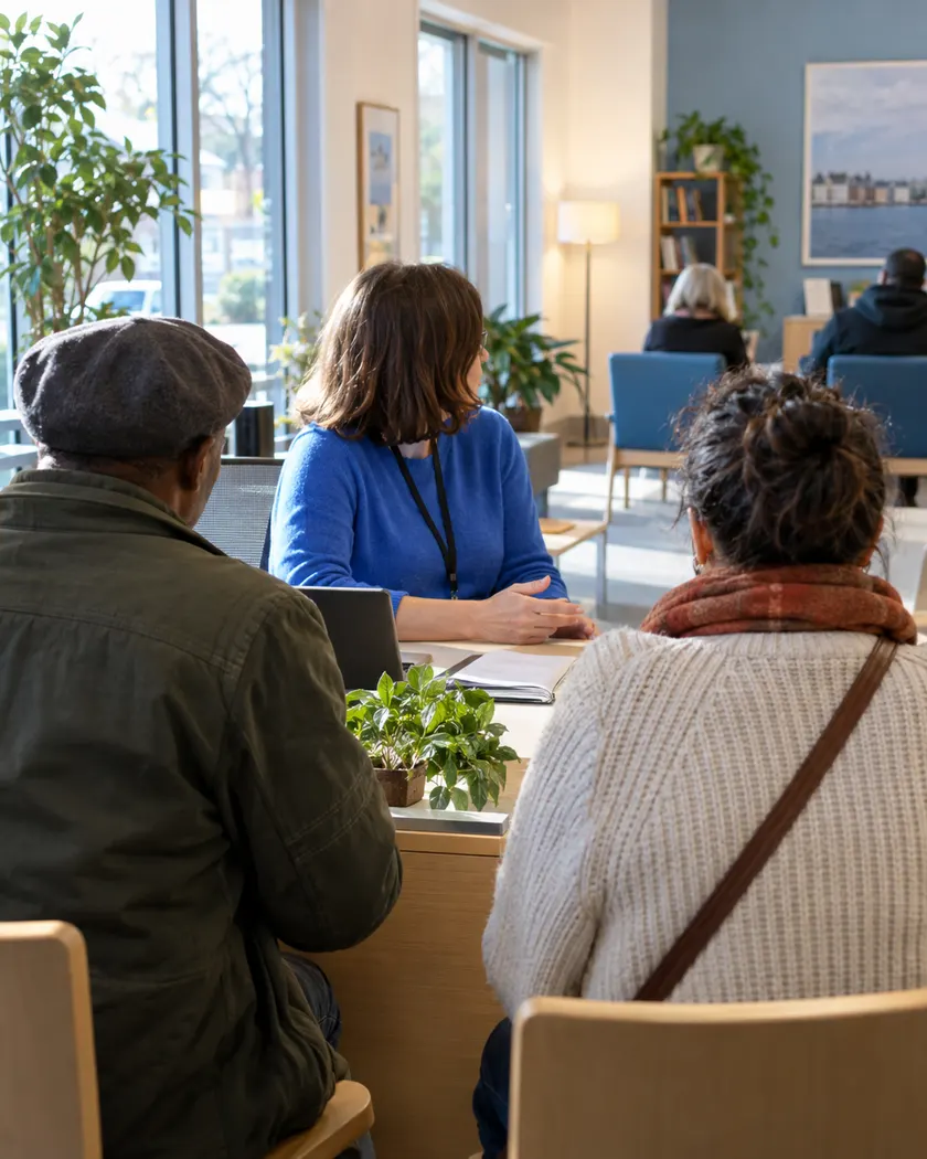 Adults discussing a local service in a community venue.
