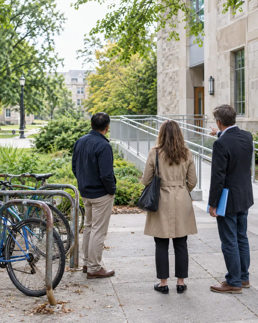 Adult students and staff examining a shared campus area.